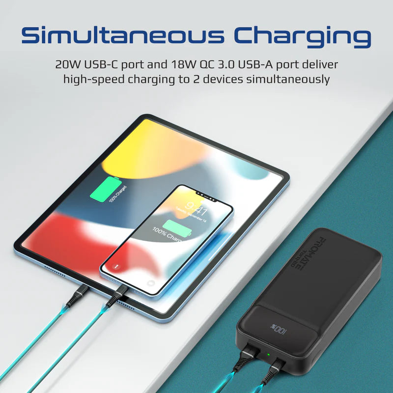 Power Bank Promate Torq-20 Noir, Chargeur portable ultra-mince universel 20000mAh