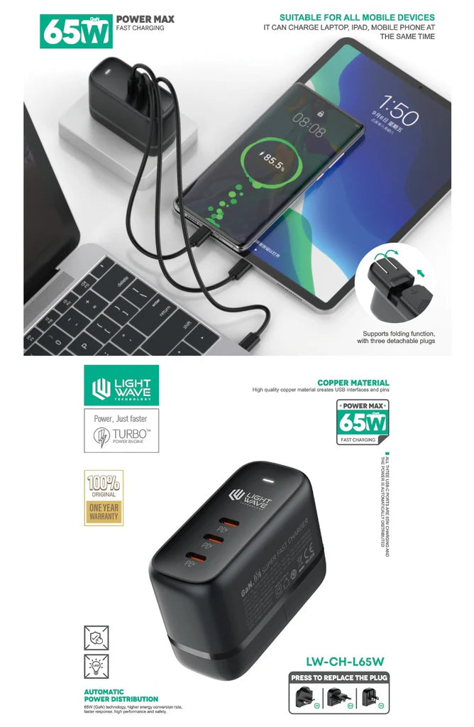 Chargeur Rapide LW-CH-L-65W 3 ports USB Type-C