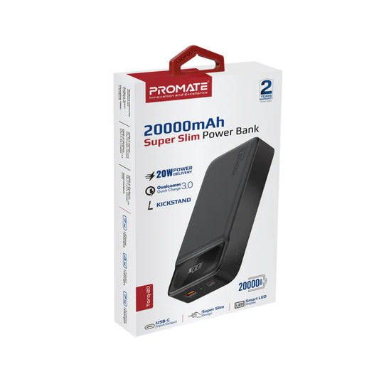 Power Bank Promate Torq-20 Noir, Chargeur portable ultra-mince universel 20000mAh