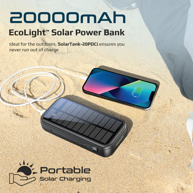 Powrbank Promate Solartank-20PDCi 20000mAh avec câbles USB-C et Lightning intégrés